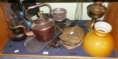 Lot 112 - Copper kettle, chestnut warmer, plated bottle coaster, two oil lamps etc (on a shelf)