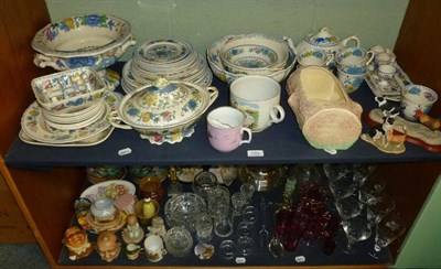 Lot 120 - Two shelves of decorative glass and ceramics, including Masons tea and dinner wares, numbered glass
