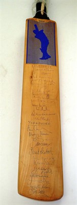 Lot 121 - A Lancashire and Yorkshire signed cricket bat, with pen signatures to the face