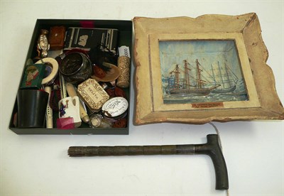 Lot 148 - Small tray of collectables and a framed ship picture by Frank Walker