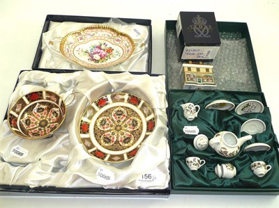 Lot 156 - Royal Crown Derby cup and saucer (boxed), Royal Crown Derby twin-handled dish (boxed), a Royal...