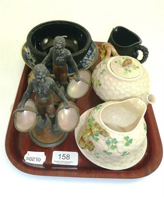 Lot 158 - Pair of figural salts, Belleek teapot, saucer dish, jug, pressed glass etc
