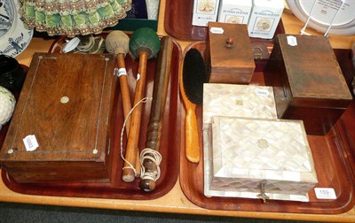 Lot 159 - Two mother of pearl caskets, two mahogany tea caddies, a rosewood work box, a travelling...