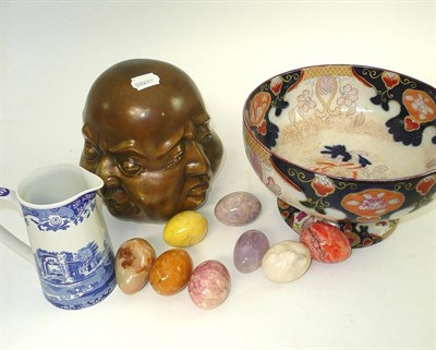 Lot 163 - Brass Buddha, bowl, eight hardstone eggs and a blue and white jug