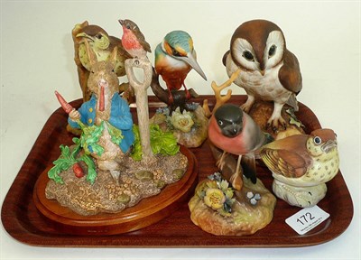 Lot 172 - Three Royal Crown Derby birds, two Staffordshire birds and Beswick Studio Sculptures Peter Rabbit