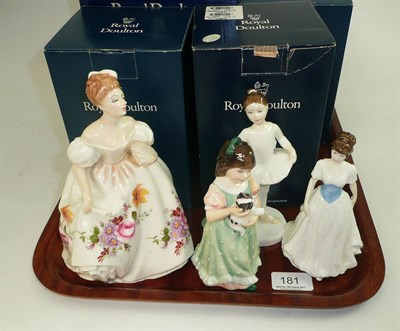 Lot 181 - Four Royal Doulton figures, 'Marylin' HN3002, 'Home at Last' HN3697, 'Ballet Class' HN3731 and...