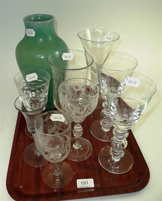 Lot 191 - A Pilkington Lancastrian green glazed vase, celery vase and drinking glasses