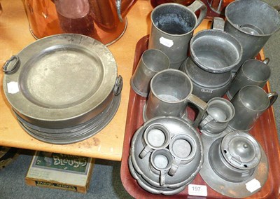 Lot 197 - A quantity of pewter tankards, inkwell, plate warmer and plates