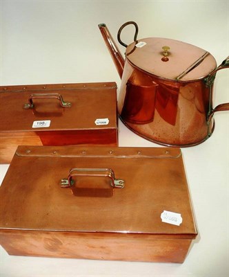 Lot 198 - A pair of copper food warmers and a copper kettle