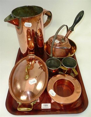 Lot 199 - A tray of copper and brass including jam pan, jug, oval pan and cover etc