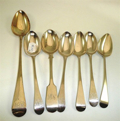 Lot 219 - Silver basting spoon and six assorted Georgian silver table spoons