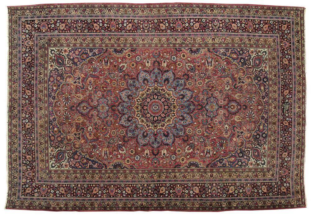 Lot 1038 - Khorasan Carpet East Persia The soft raspberry field of scrolling floral vines centred by a...