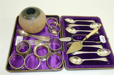 Lot 232 - Cased set of six silver teaspoons and sugar tongs, match striker, silver napkin rings etc