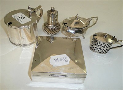 Lot 235 - Three silver mustards, silver pepperette and a small silver cigarette box