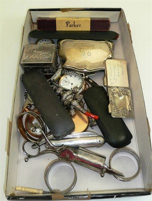 Lot 242 - A tray including two plated pocket watches, fob watch, child's rattle, three napkin rings, pen...
