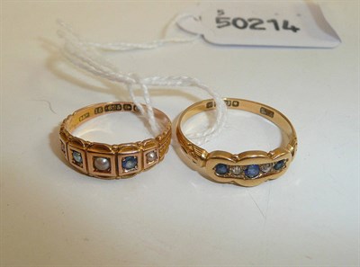 Lot 246 - A 15ct gold seed pearl five stone ring and an 18ct gold sapphire and diamond five stone ring