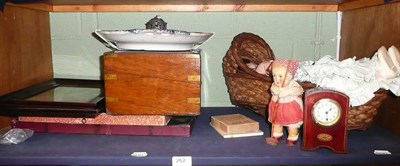 Lot 262 - A quantity of collectables including toy automaton doll, writing slope, clock, jigsaws etc