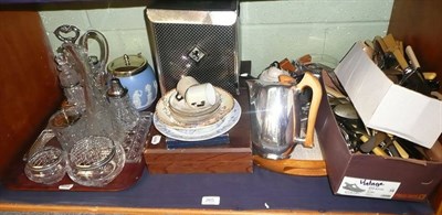 Lot 265 - A Picquot ware tea service, glass, plated cruet set etc