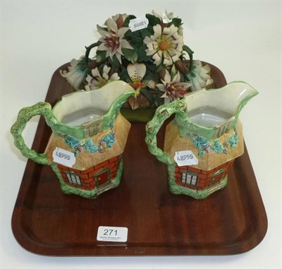 Lot 271 - Capodimonte floral group and two Cottage ware jugs