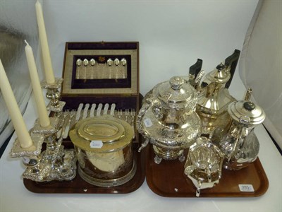 Lot 283 - Two trays of plated ware including a biscuit box, cased set of mother of pearl handled fruit knives