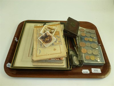 Lot 305 - Travelling brass microscope in leather case, assorted coins, compact, cigarette cards, two...