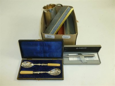 Lot 307 - Fountain pens, burr wood box, silver chain and silver mug