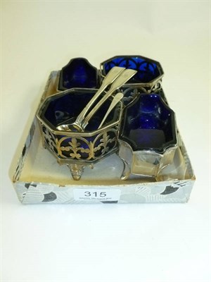 Lot 315 - Pair of Victorian silver salts with blue glass liners, a pair of rectangular silver salts with blue