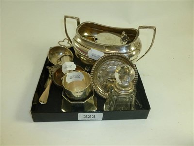 Lot 323 - Silver including: twin handled sugar basin, mustard pot, salt, numol cup, pepperette, tea strainer