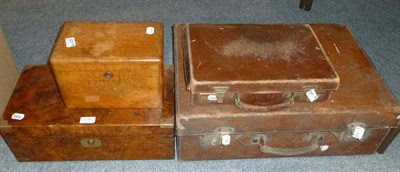 Lot 339 - Victorian brass bound burr walnut writing slope, a walnut box and two leather cases