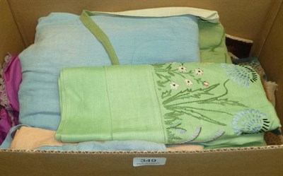 Lot 349 - Box of assorted Eastern decorative throws, two dressing gowns, embroidered textiles, wool work seat