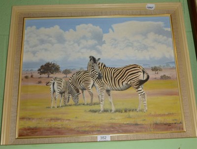 Lot 352 - Oil painting of Zebra on the African plain, signed AM Alderson