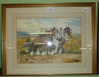 Lot 358 - Dorothy Margaret and Elizabeth Mary Alderson watercolours; three shire horses harvesting and a...