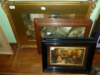 Lot 398 - Two framed plaques depicting fox hunting, two hunting prints and another print in a gilt frame