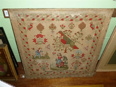 Lot 400 - Unframed Victorian sampler worked by Elizabeth Mathers, with figure of a young girl and boy, exotic