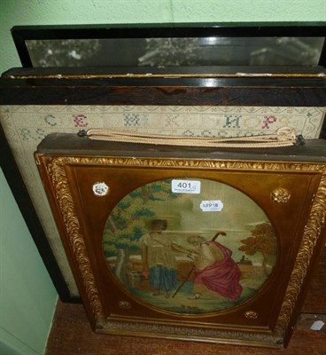 Lot 401 - A Georgian embroidered silk picture, two needlework pictures and a wedding photograph