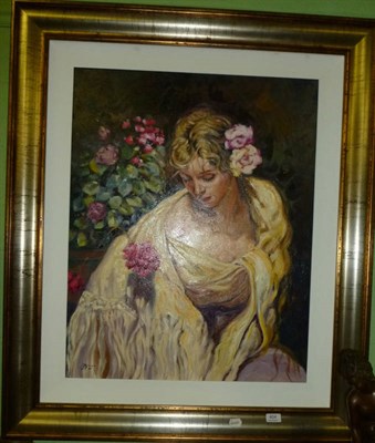 Lot 404 - Jose L Giner (20th/21st century) Spanish, 'The Yellow Shawl', signed, 79cm by 62cm