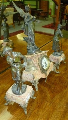 Lot 500 - French three piece spelter mounted clock garniture