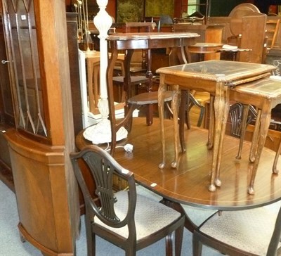 Lot 636 - Mahogany drop leaf table and four chairs, standard lamp, two nests of tables, dressing table,...