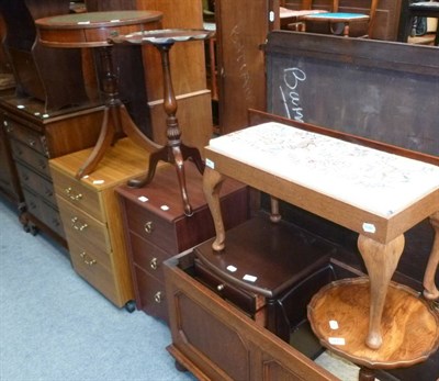 Lot 639 - A mahogany glazed china cabinet, cheval mirror (a.f.), two gilt mirrors, footstool, two tripod...