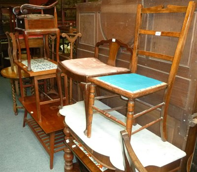 Lot 648 - A stained oak elbow chair, two mahogany dining chairs, marble top washstand, two tile top...