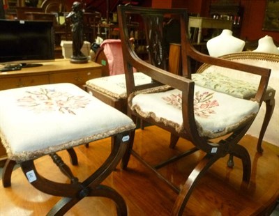 Lot 661 - Mahogany cross frame chair and three stools