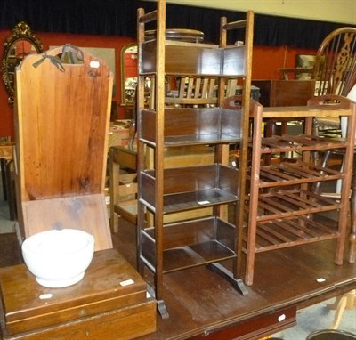 Lot 666 - Two stools, wine rack, book rack, copper and brass, child's box pine rocker, fire guards,...