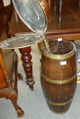 Lot 667 - Oak and brass bound stick stand of staved construction, warming pan and bellows