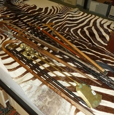 Lot 687 - A quantity of assorted walking sticks, zebra skin rug, shooting stick, drums etc