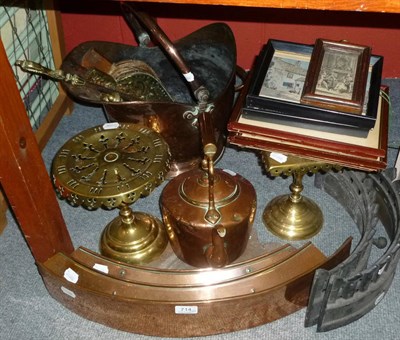 Lot 714 - Copper coal scuttle, brass trivets, fire guards, copper kettle, bellows, woven silk pictures etc