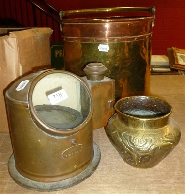 Lot 718 - A copper and brass log bucket, brass vase and a brass gimbal compass