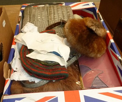 Lot 722 - A Scottish mink sporran, knitted bonnet and frilled jabot, two lawn type collars, a fur jacket...