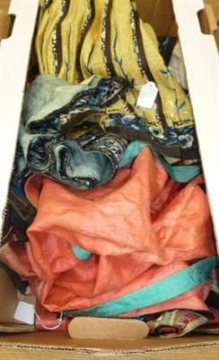 Lot 739 - Assorted Oriental costume and accessories, including: Chinese yellow pleated figured silk skirt...