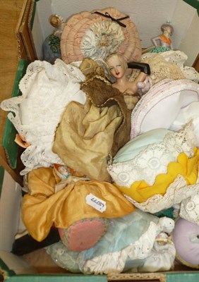 Lot 740 - Assorted china half dolls, plaster half dolls, hat pins