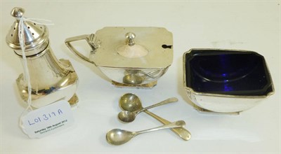 Lot 319A - Silver pepperette, mustard and salts